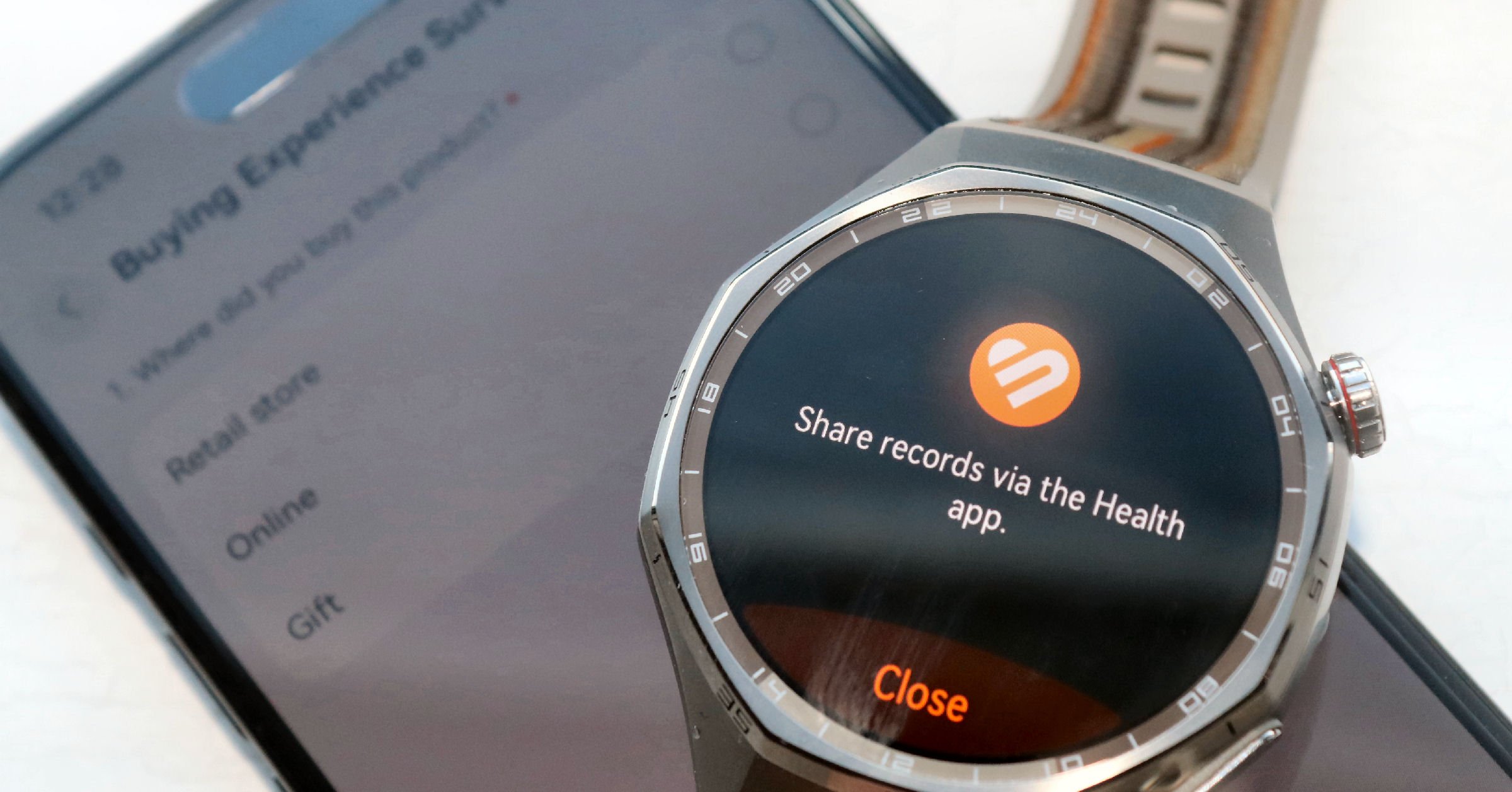 Huawei Watch GT 6 Pro smartwatch paired with smartphone displaying privacy authorization prompts on both screens