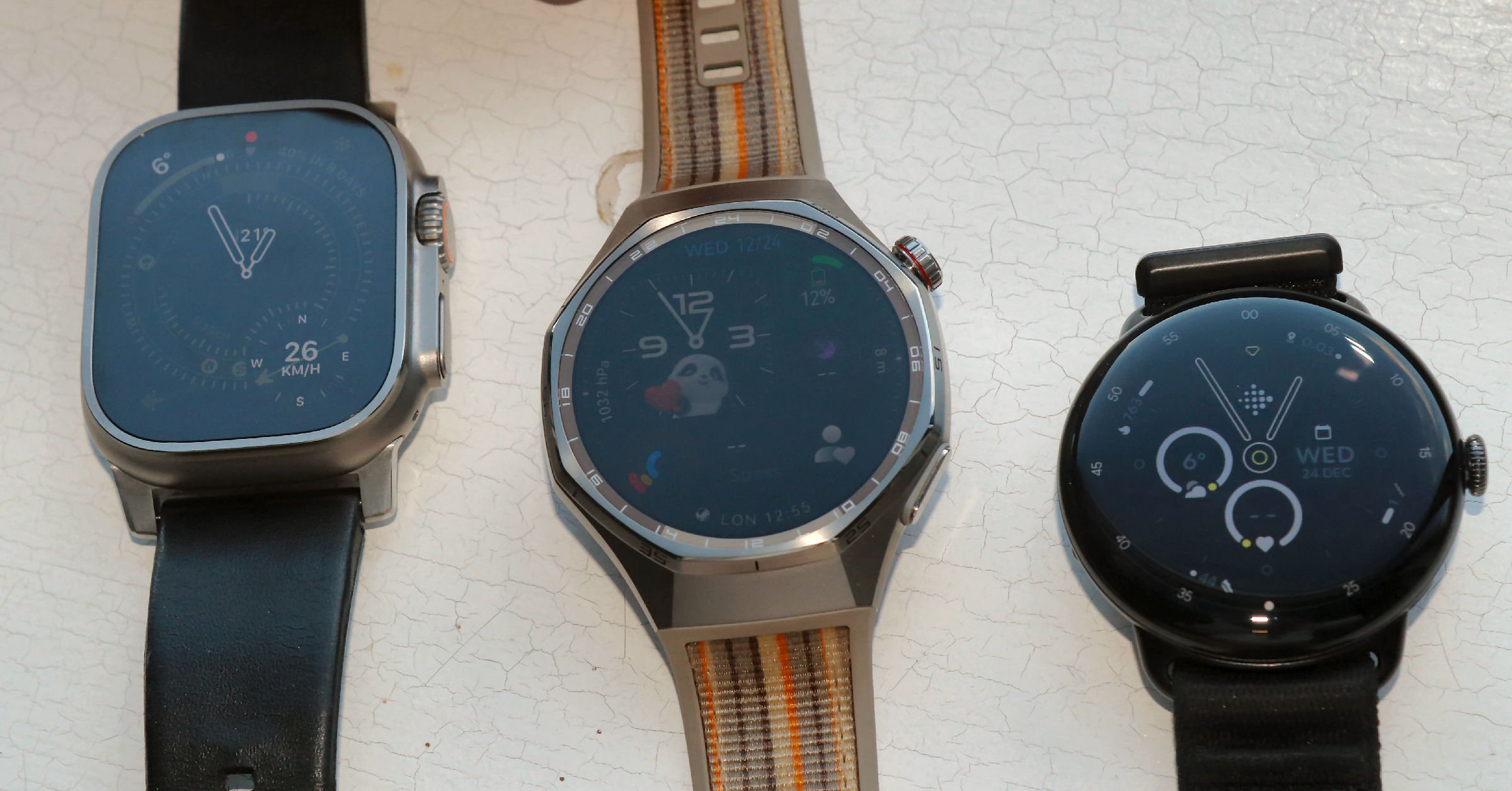 Huawei Watch GT 6 Pro thickness and design vs Apple Watch Ultra 3 and Google Pixel Watch 4 side-by-side comparison