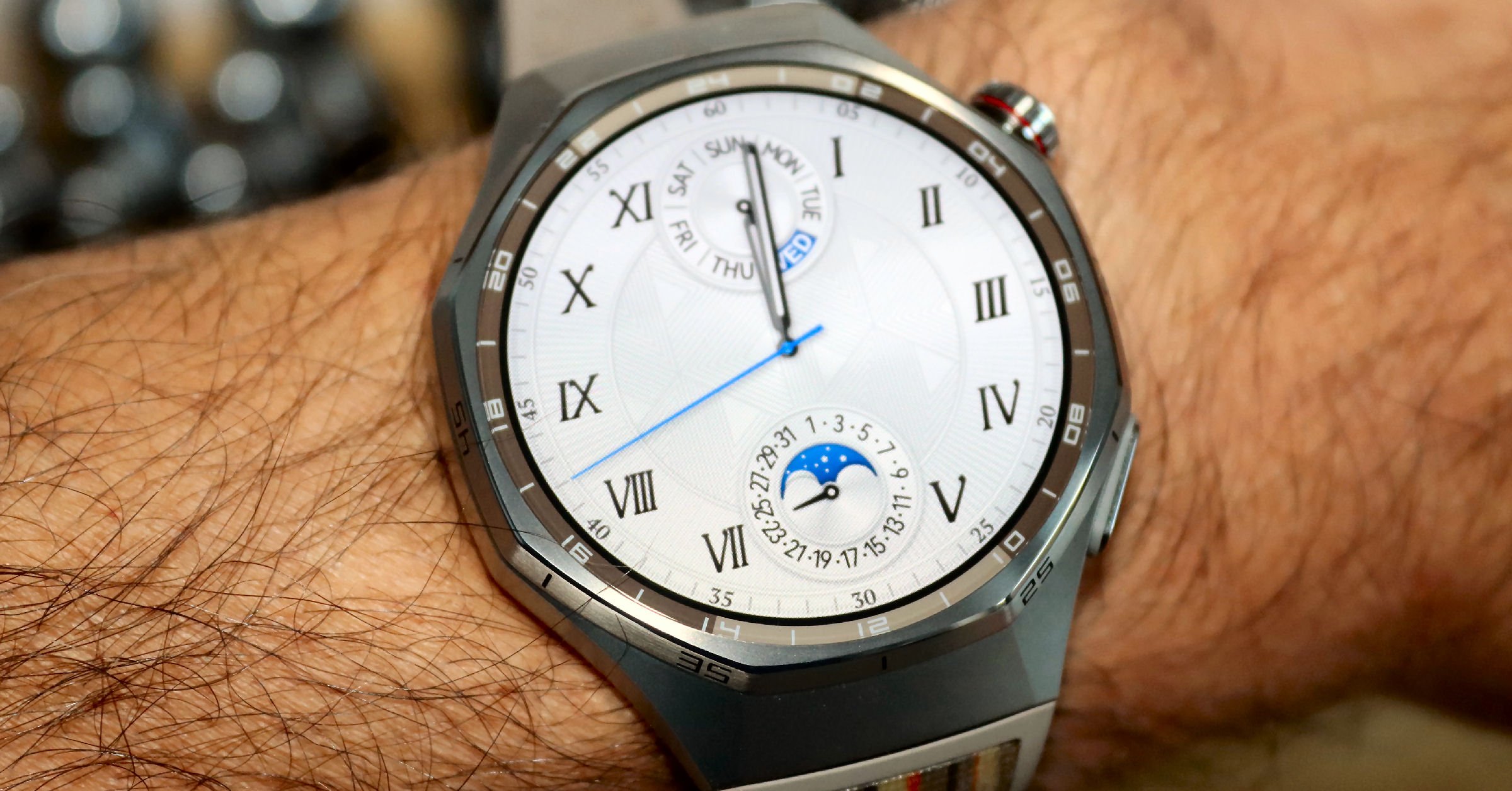 Huawei Watch GT 6 Pro A top-down shot of the 46mm watch with an elegant watchface to help readers judge the suitability for everyday wear.