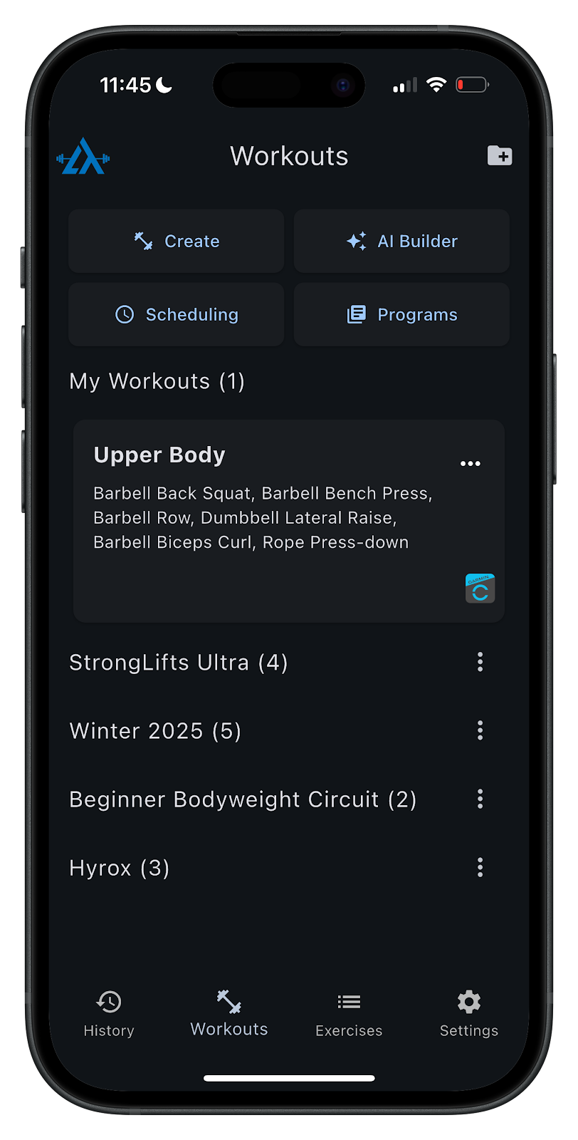 This is the workout tab for creating a LiftTrack workout.