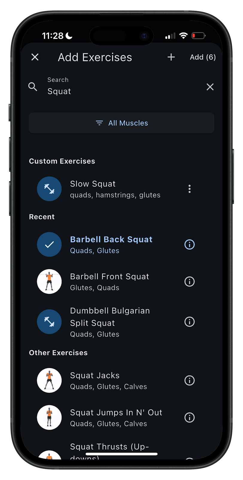  In-app image showing exercises, such as a Barbell Back Squat.