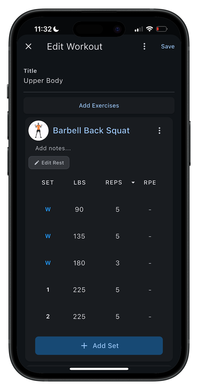 Example of a barbell back squat workout in LiftTrack.