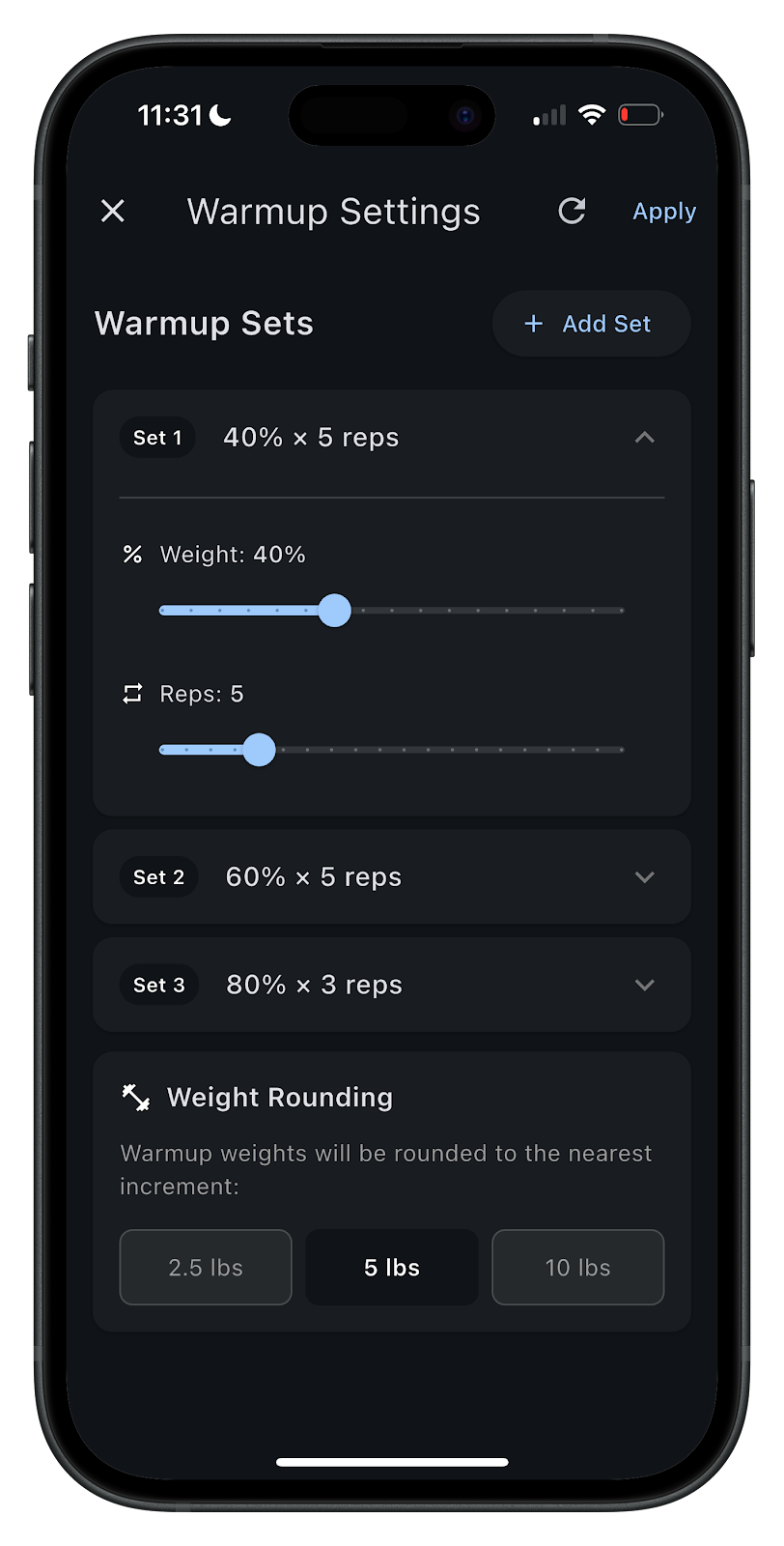 Warmup Settings tab, where weights and reps can be adjusted.