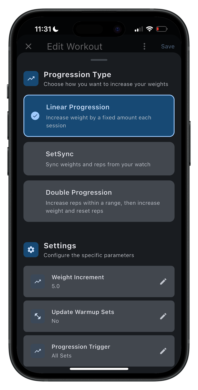 Progression types to choose from and parameters.