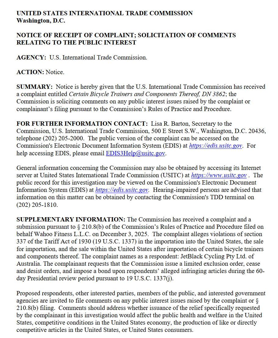 ITC Notice of Receipt of Complaint Solicitation of Comments (DN 3862) for Wahoo Fitness's action to stop JetBlack trainer imports.