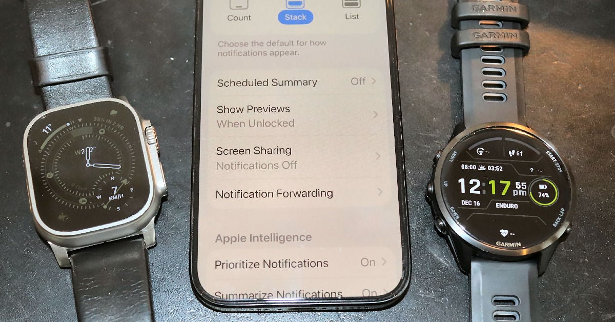 Visual concept of the two-tier system: iPhone notifications filtered before being forwarded to a watch, find notification forwarding here in iOS settings