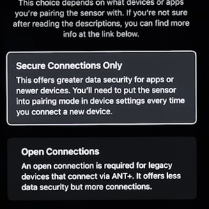 Pairing to Garmin connect App choose Connection Security level (open)