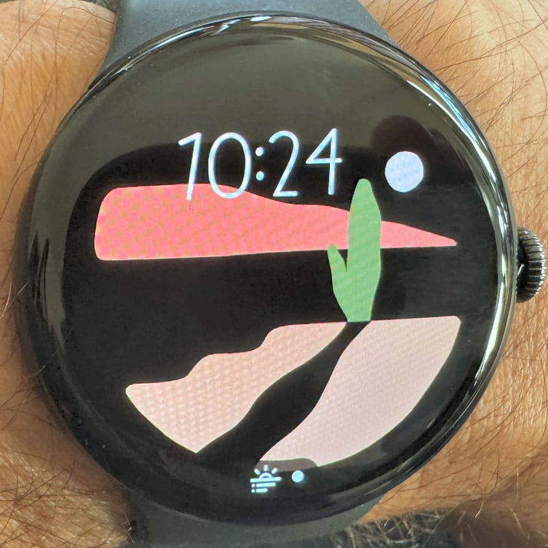 Pixel Watch 4 Vista Watch Face showing a minimal time overlay on a stylized landscape background