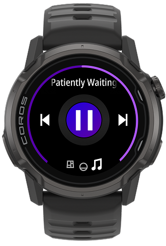 Coros native media control interface on watch screen for music and podcasts