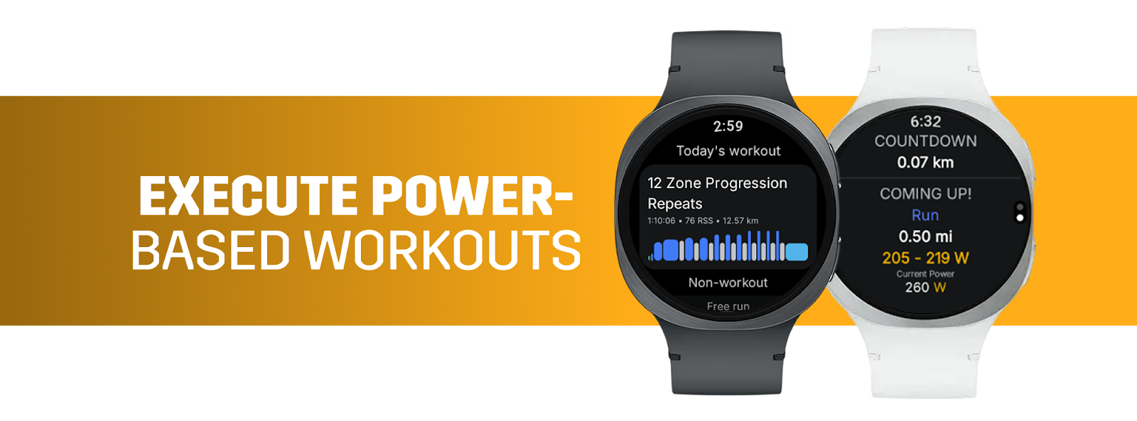 Executing a power-based structured workout on a Wear OS smartwatch interface.