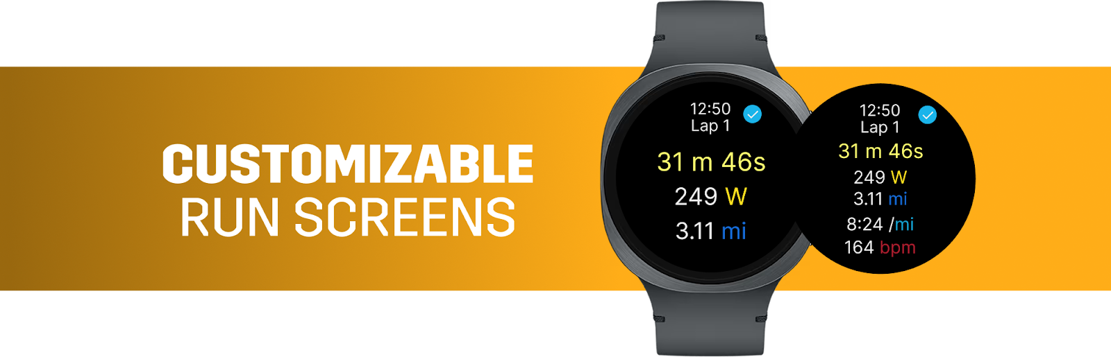 Customisable running data fields on a Samsung Galaxy Watch 6 using the Stryd app.