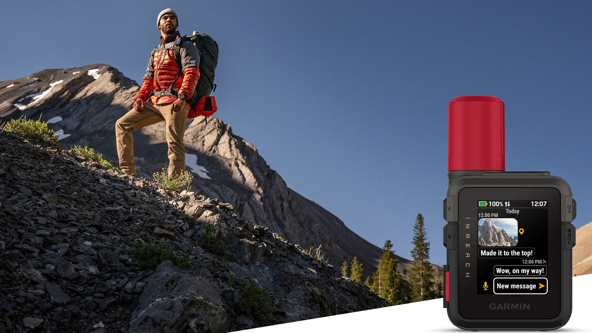 Hiker with a rucksack on a scree slope assessing safety options using the Garmin inReach Mini 3 Plus satellite device.