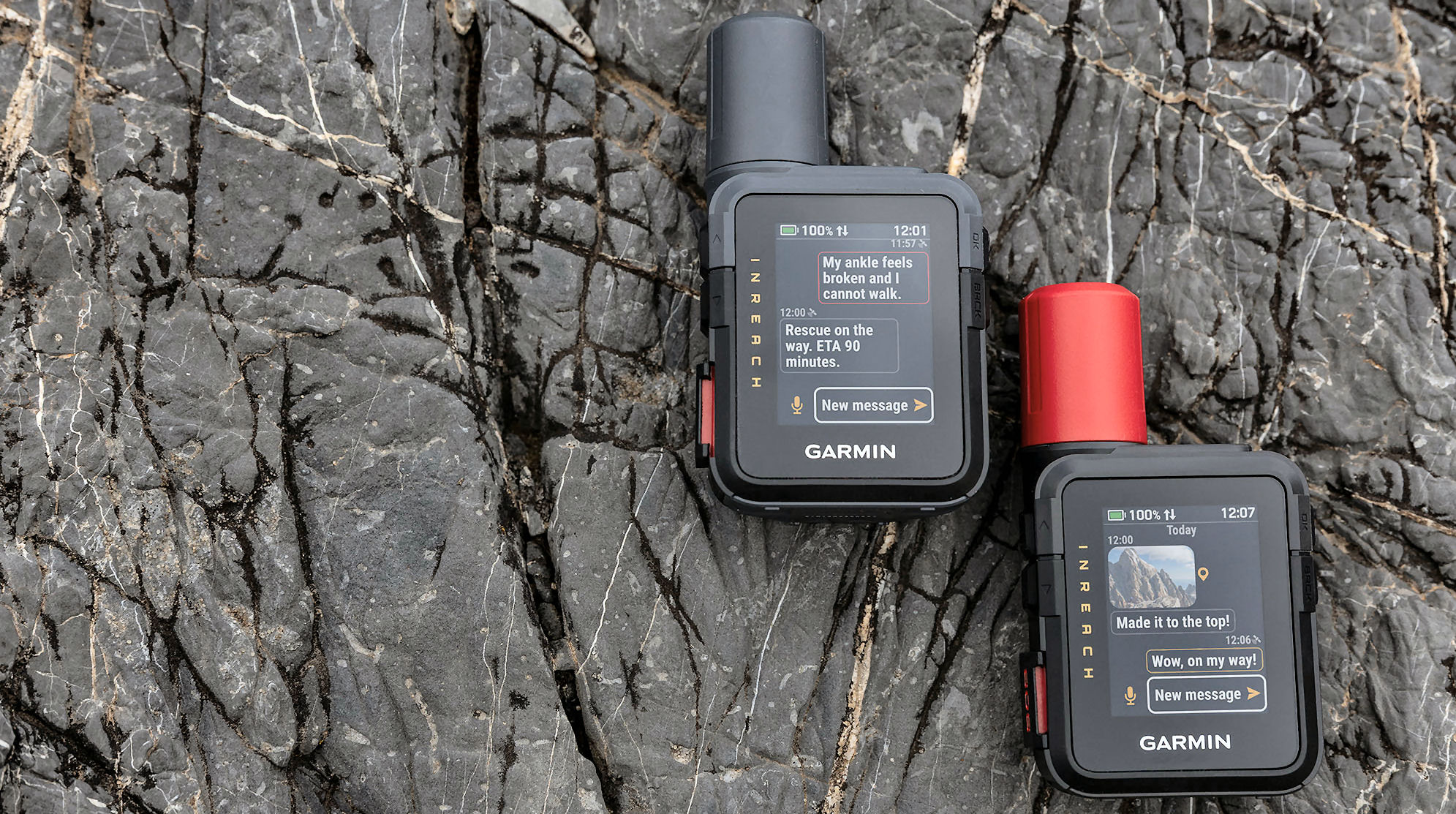 Colour screen display of the Garmin inReach Mini 3 Plus showing a rich media chat with text, photo, and voice message transcription.