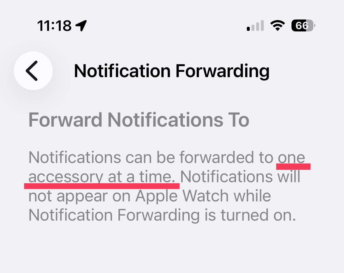 Screenshot of iOS 26.3 Settings showing per-app toggles for Notification Forwarding (disabled outside EU)
