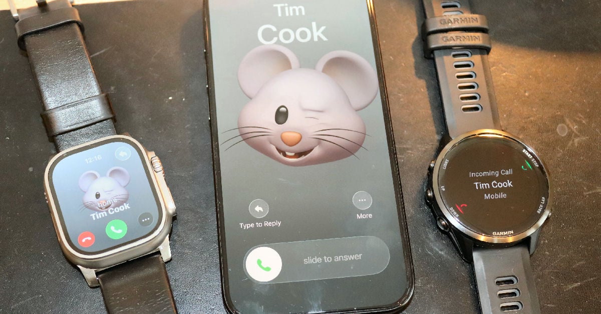 A graphic or illustration representing Apple (Tim Cook) handing a new feature to Garmin smartwatch users