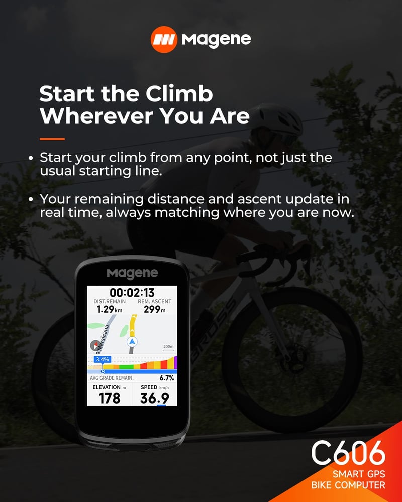 Magene C606 bike computer displaying new v1.953 navigation and climb features.