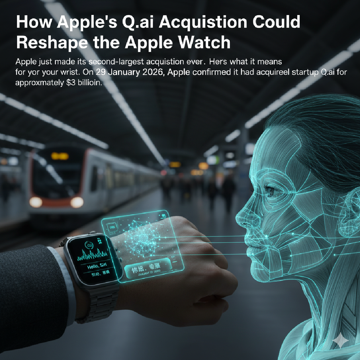 "Facial muscle analysis overlay on user with Apple Watch in subway for silent speech recognition