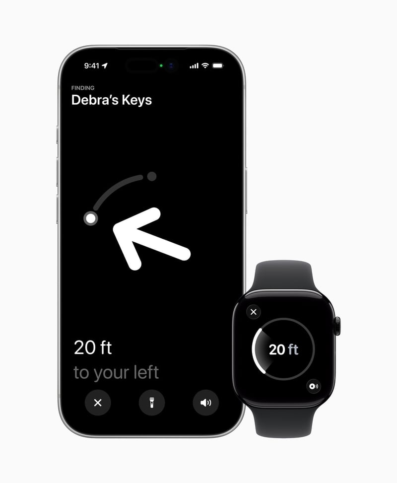 Apple Watch Precision Finding interface showing directional arrows and distance readout for AirTag 2