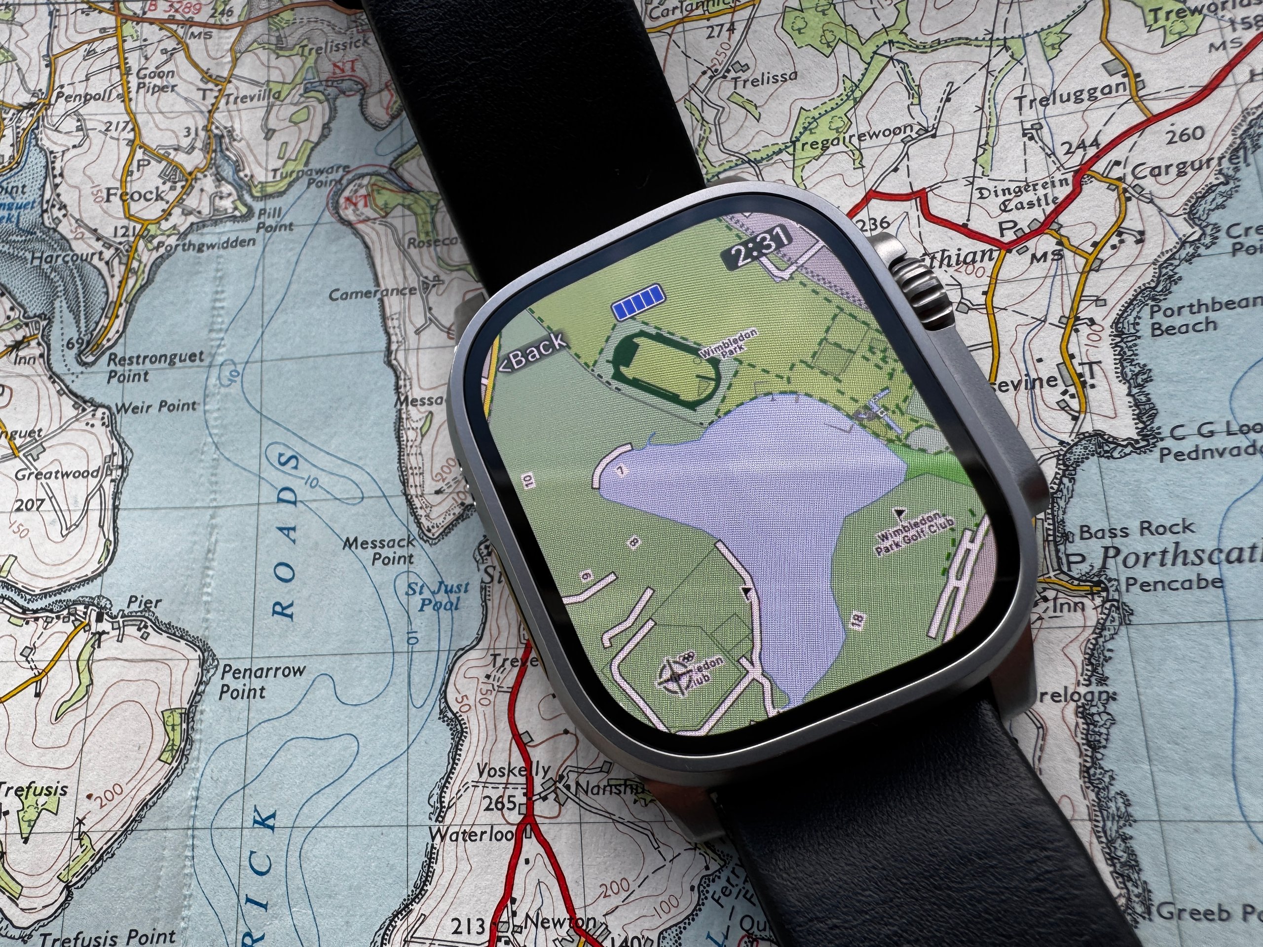 Apple Watch Ultra 3 showing detailed map from WorkOutDoors app
