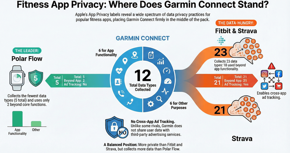 Chart comparing fitness app data collection showing Garmin Connect collecting 12 data types with 6 used beyond functionality versus competitors like Fitbit, Strava, and Polar Flow