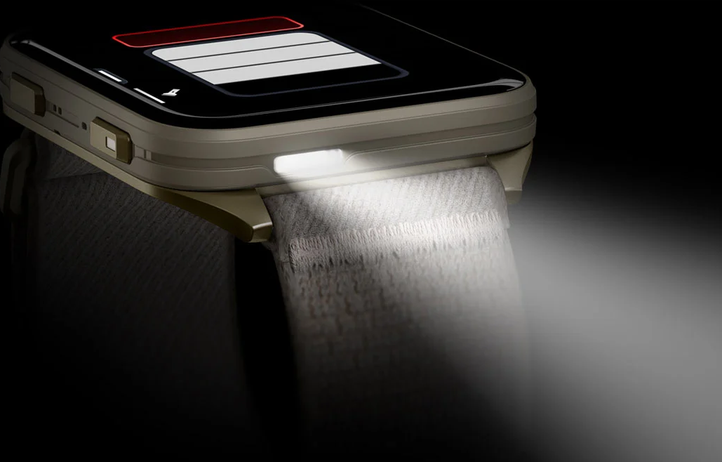 Garmin Venu X1 Soft Gold smartwatch hero shot displaying its 2-inch AMOLED screen and square design