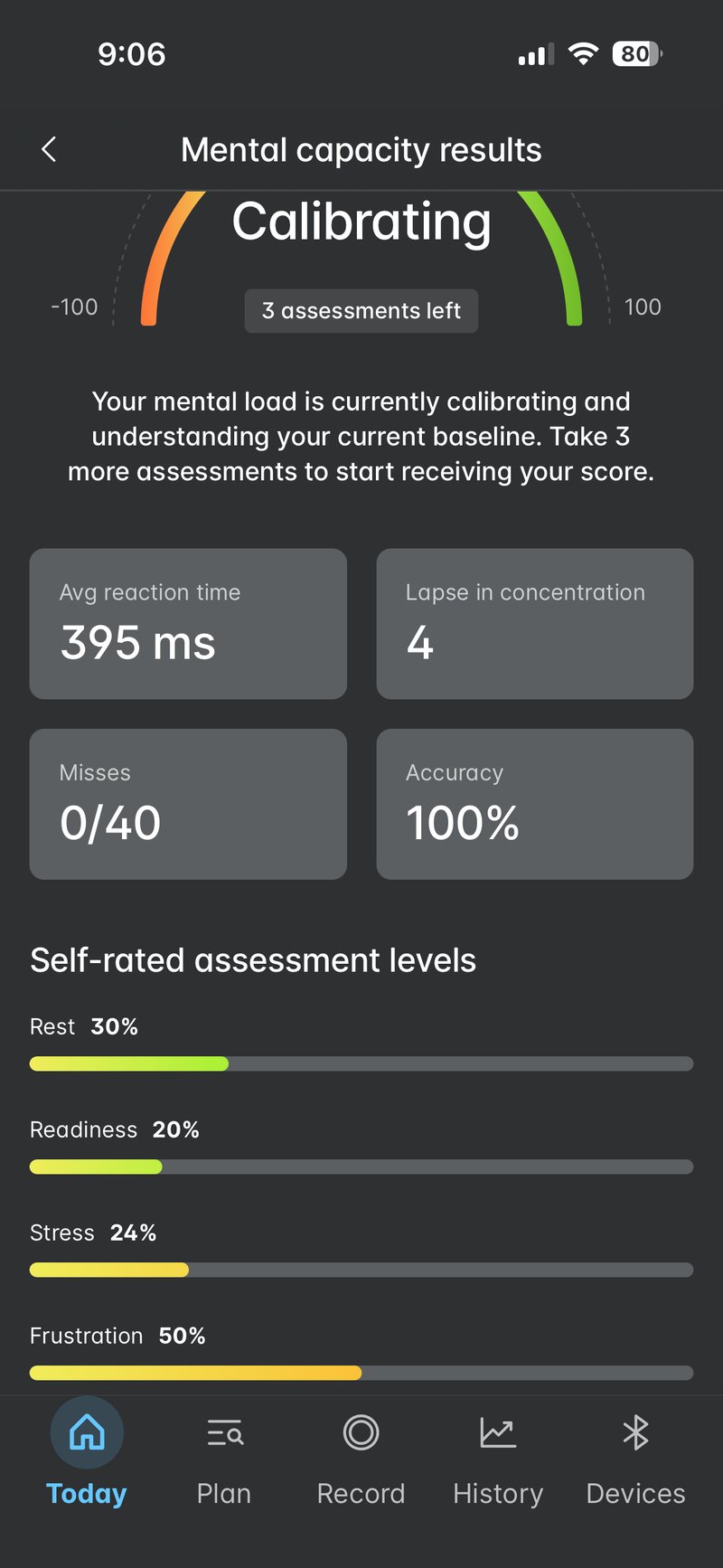 Wahoo mental capacity assessment score screen showing the -100 to +100 readiness scale.