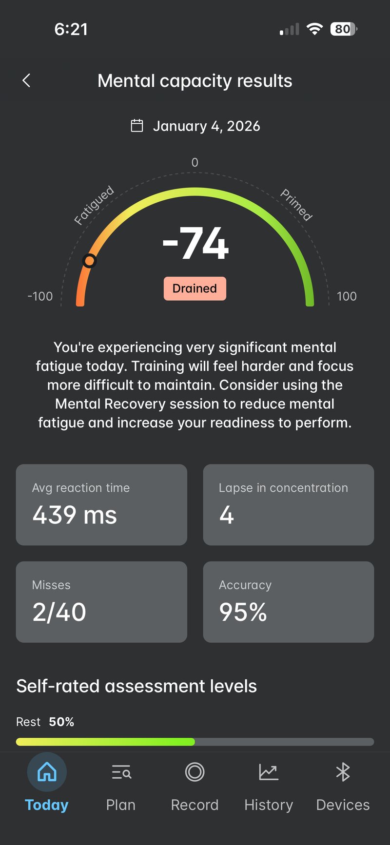 Wahoo app subjective survey for rest and readiness scores used for training calibration.