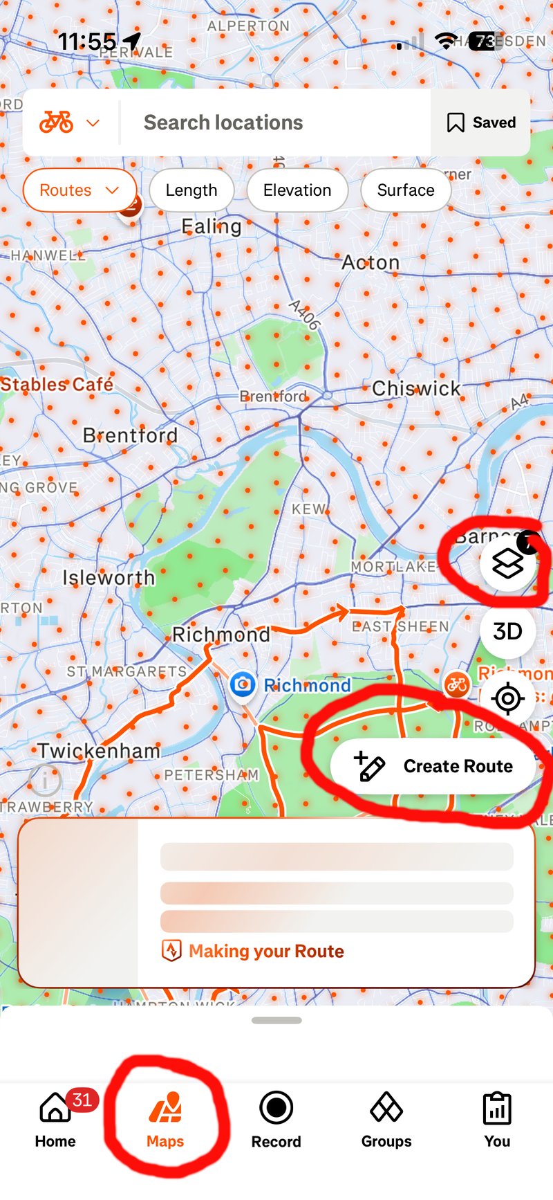 Strava app showing map layer button, map button and create route button