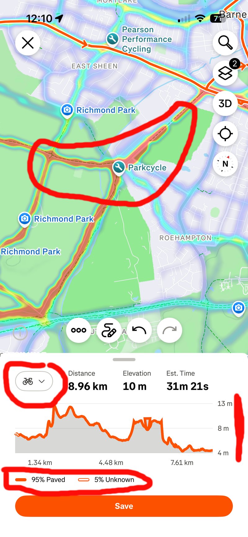 Heavy use roads highlighted, change heatmaps between sports highlighted, elevation profile and surface types highlighted