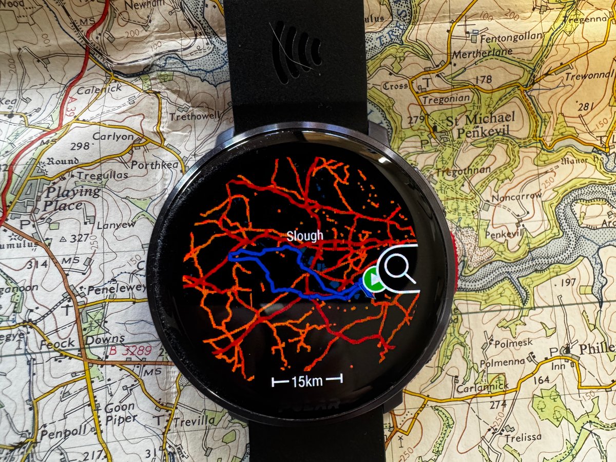 Polar Vantage V3 with OS 5 shows a map viewed in the new Dark Mode