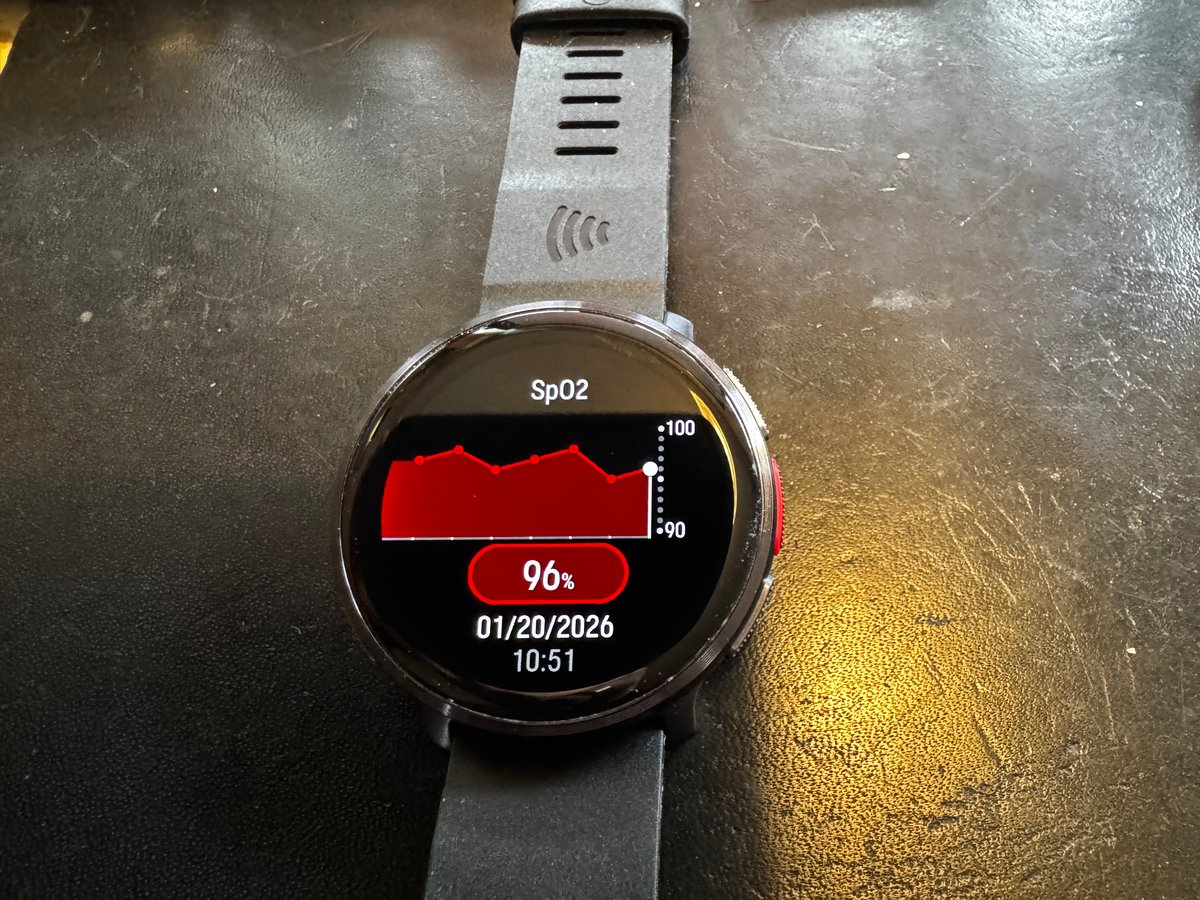 A chart of seven recent SpO2 readings shown on Polar Vantage V3