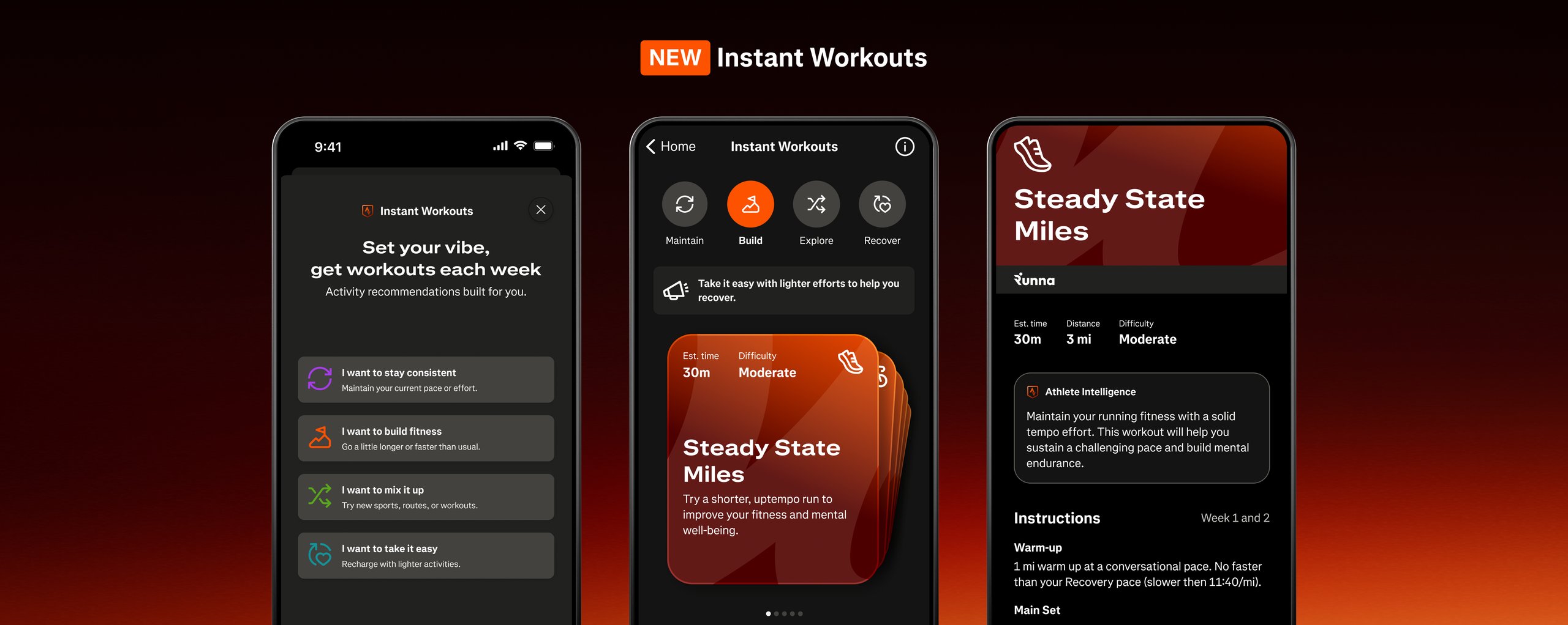 Strava Instant Workouts mobile app interface showing personalised training recommendations in the home feed.