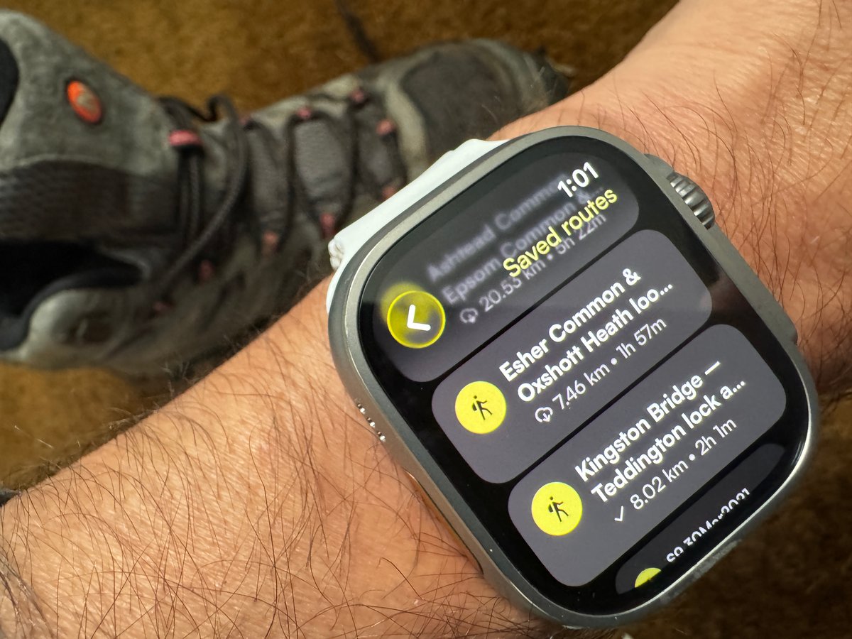 Komoot standalone Apple Watch app route selection screen on Ultra 3