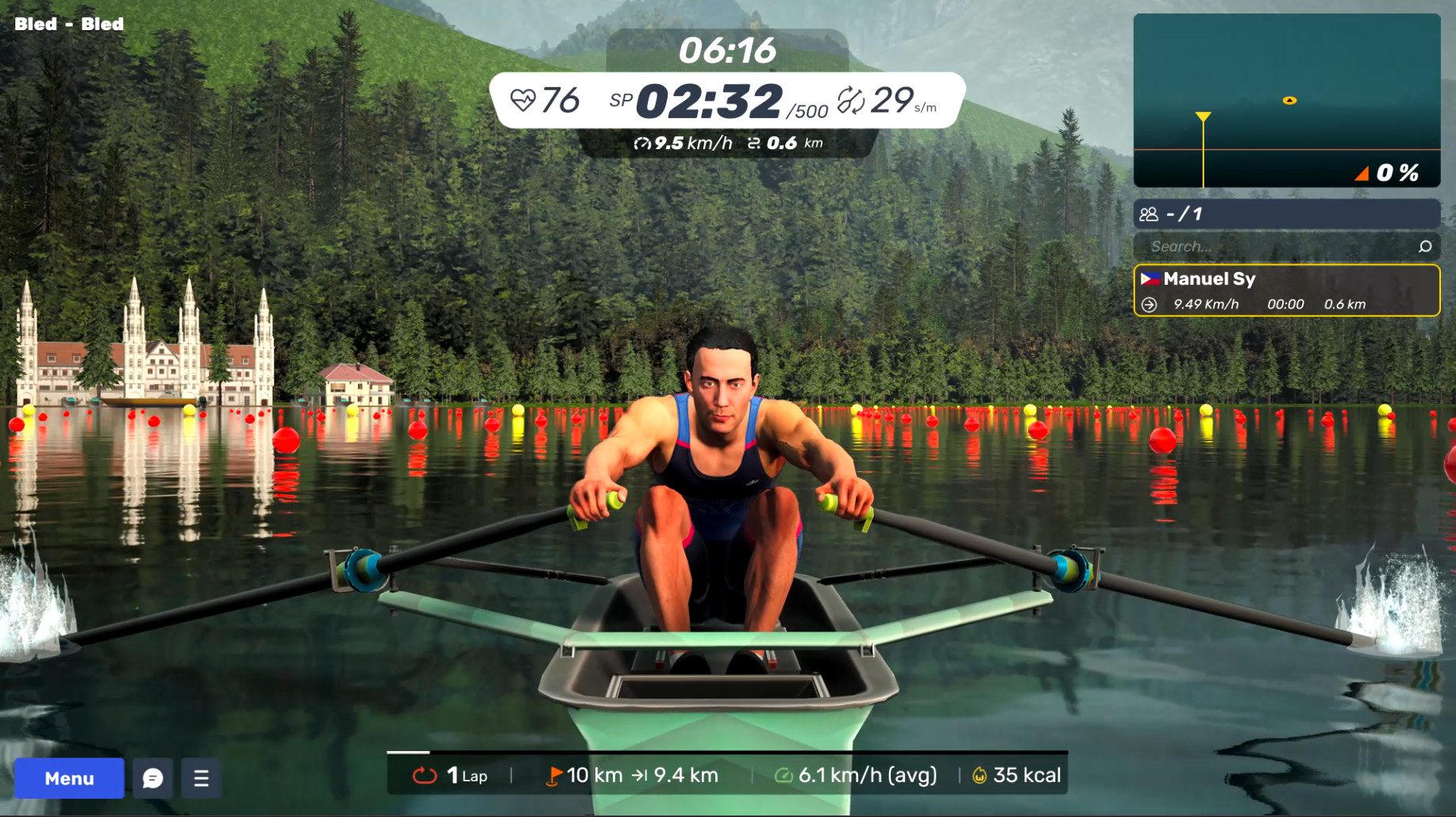 MyWhoosh rowing mode Lake Bled virtual course with rower on water