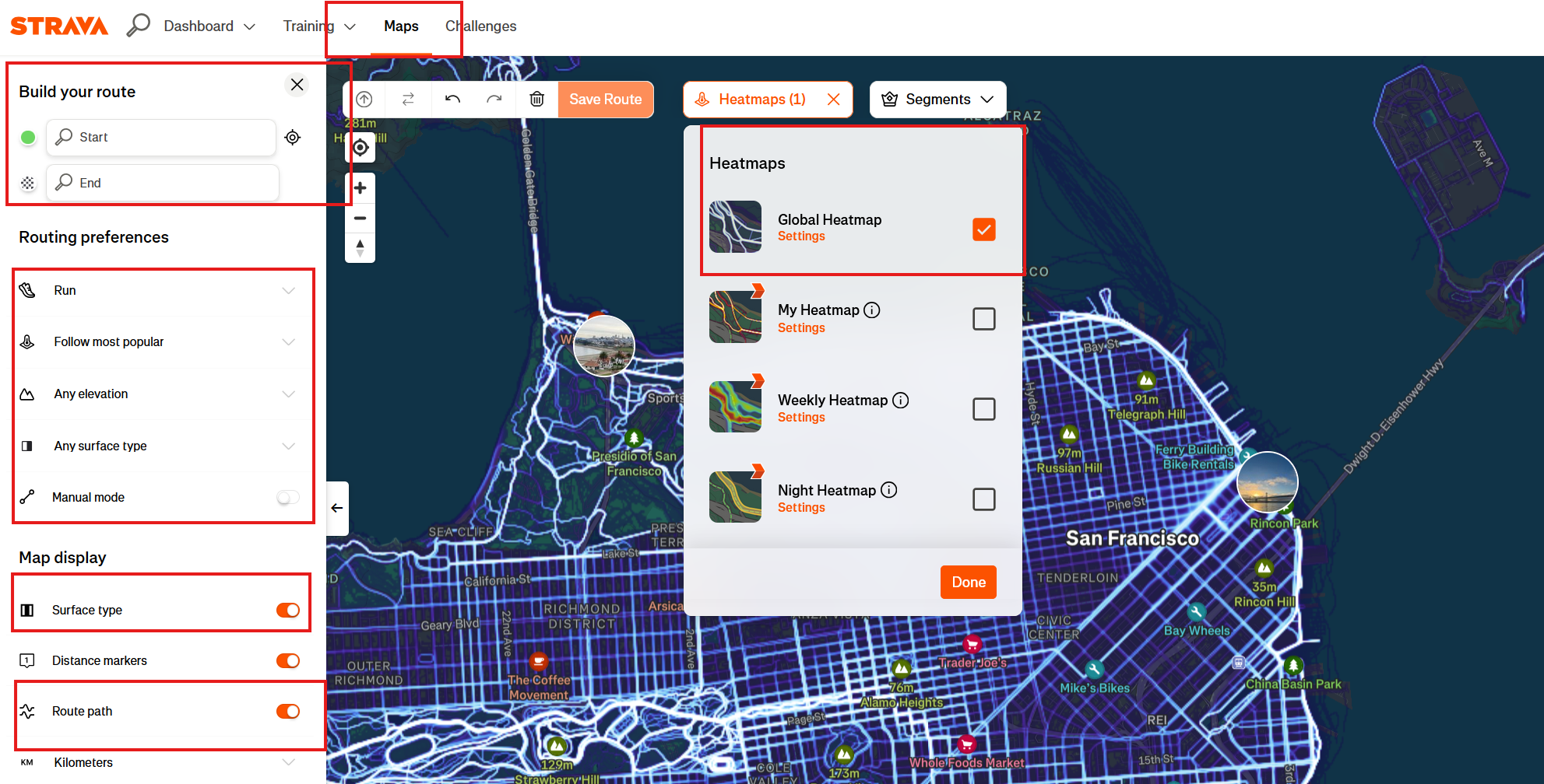 Building a cycling route using Strava heatmap overlay on web dashboard