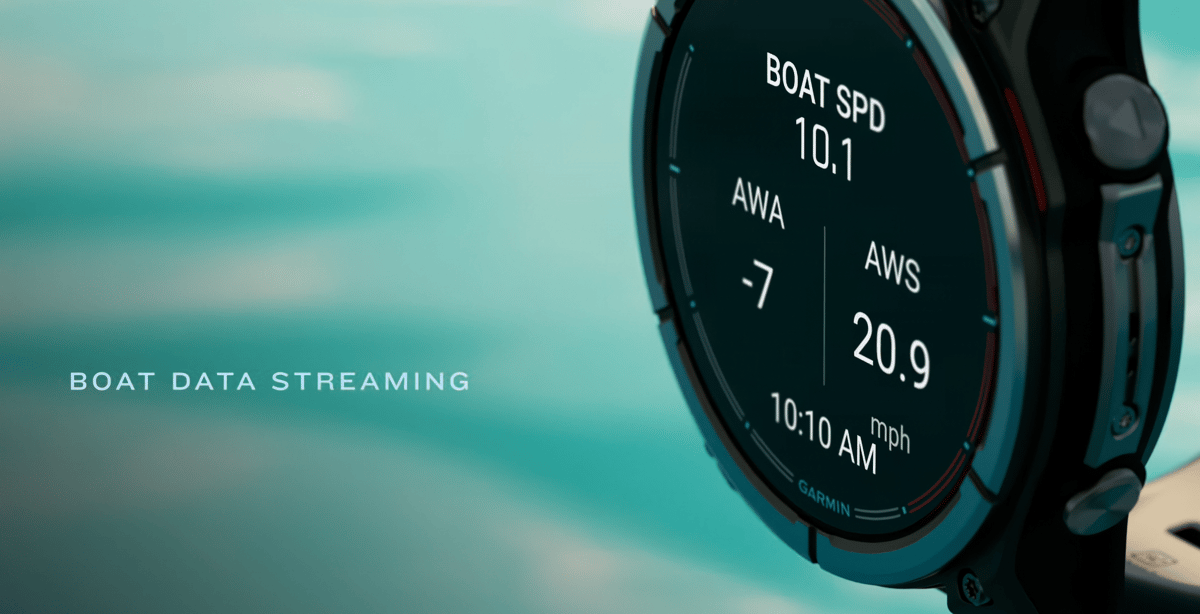 Garmin Quatix 8 Pro 47mm displaying real-time boat data streaming on AMOLED screen including speed, depth, and navigation info