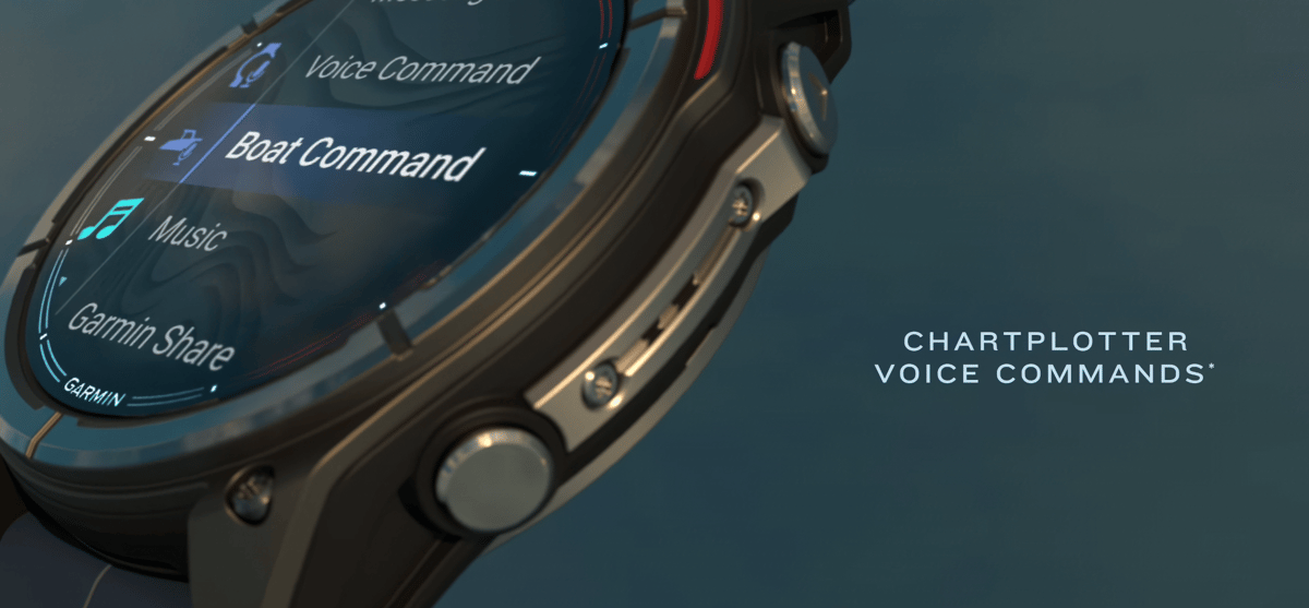 Garmin Quatix 8 Pro chartplotter voice commands via Bluetooth showing hands-free navigation control while at the helm