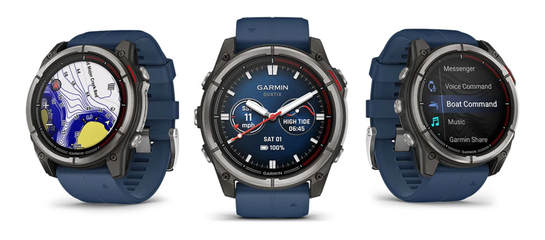 Garmin Quatix 8 Pro 47mm marine smartwatch with inReach satellite connectivity hero image showing multiple screen display options