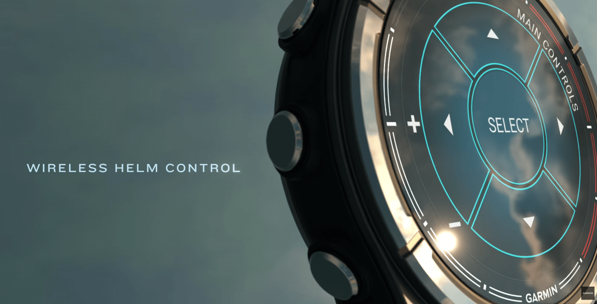 Garmin Quatix 8 Pro 47mm wireless helm control showing remote autopilot, trolling motor, and Fusion audio system management from wrist