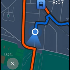 Apple Watch Strava app shows route in red and actual course in blue
