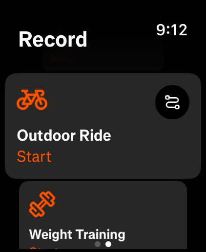 Strava Apple Watch workout start screen showing new route selection button in top right corner