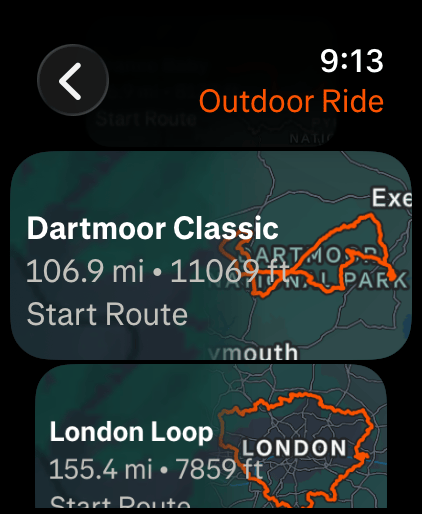 Strava Apple Watch interface displaying list of saved routes available for navigation