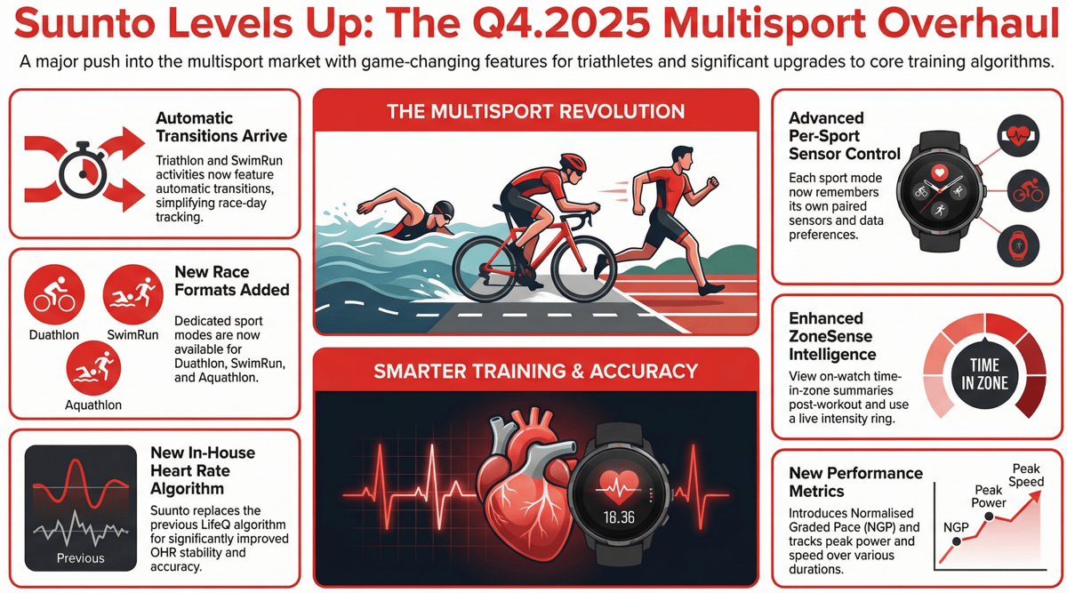 Infographic: Complete breakdown of the Suunto v2.50.26 software update features for 2026, including multisport and navigation enhancements.