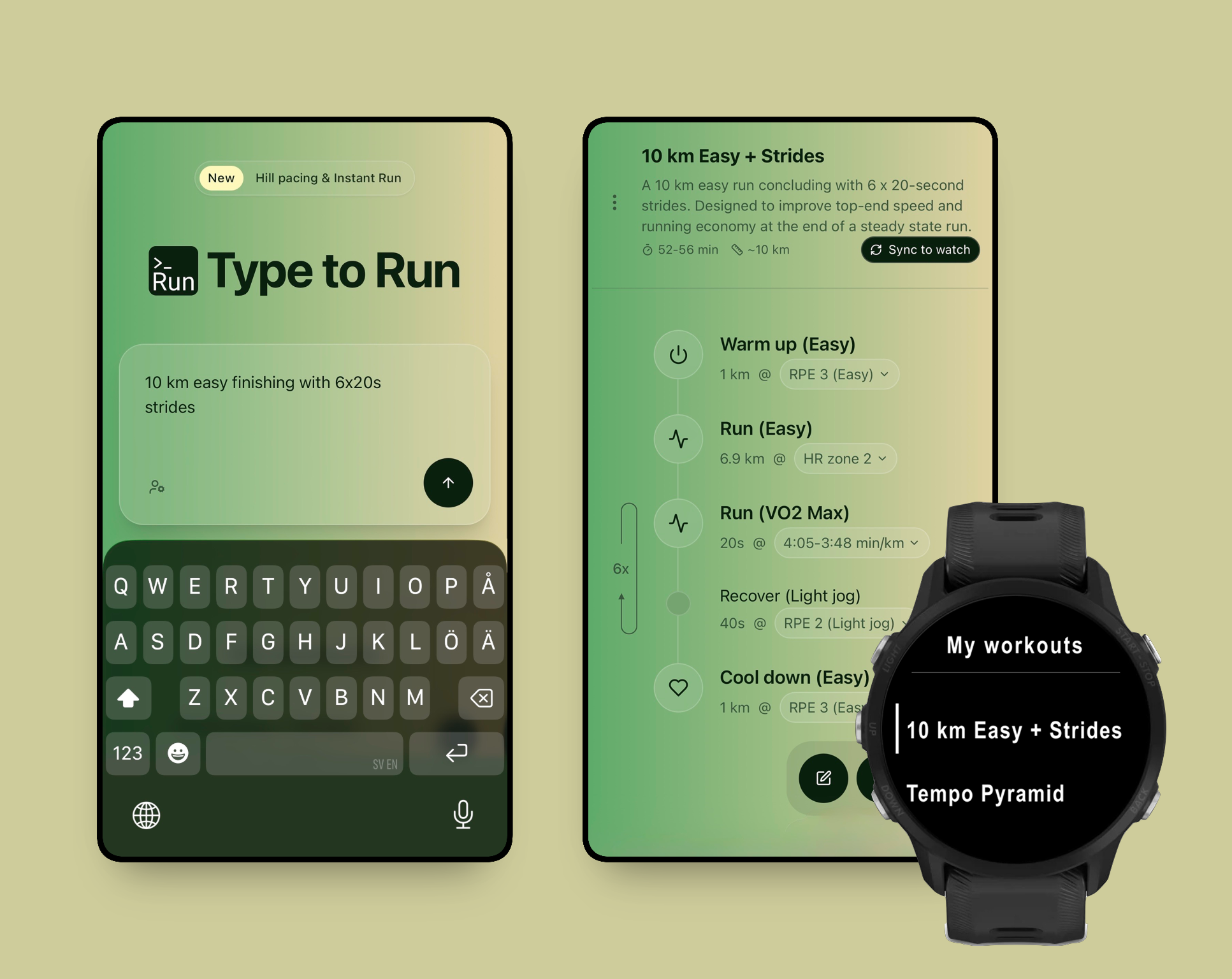 Type to Run Connect IQ app screens on Garmin watch - workout pacing targets