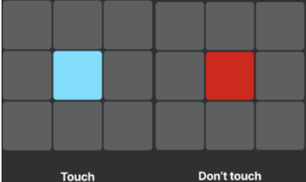 Wahoo app mental capacity assessment reaction test showing the touch blue and dont touch red shapes game.