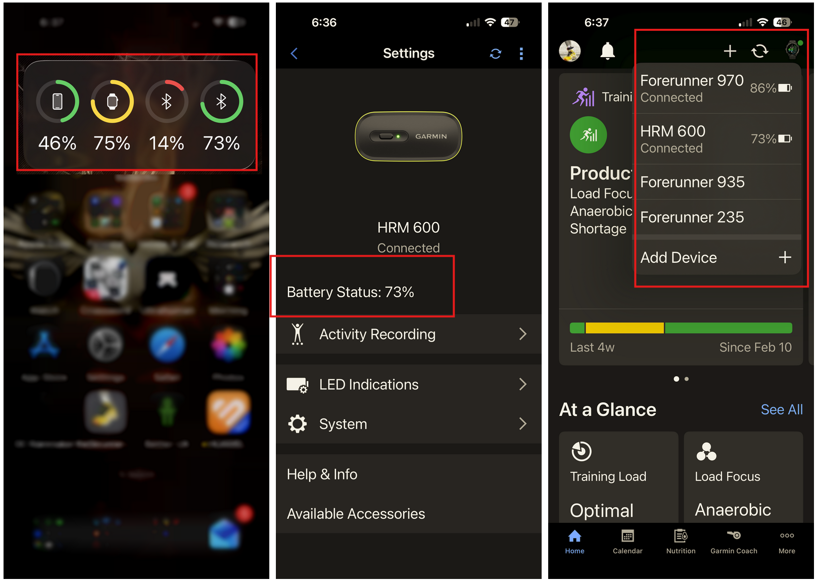 Garmin Connect app showing live battery percentage in device list on iPhone
