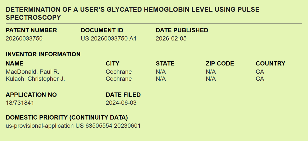 Garmin patent US 20260033750 A1 for non-invasive HbA1c glucose tracking using pulse spectroscopy February 2026