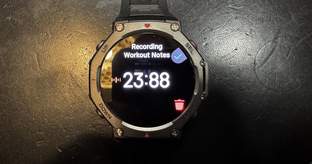 Amazfit T-Rex 3 watch screen showing voice memo recording interface with stopwatch timer during workout