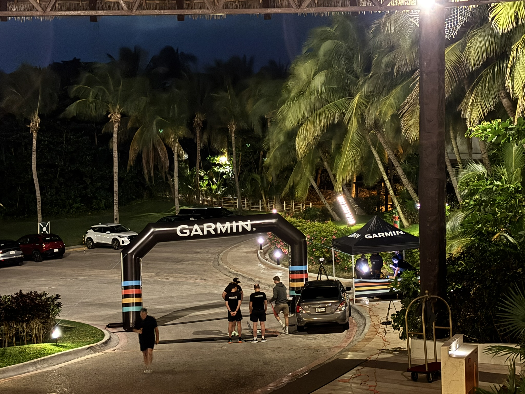 Garmin-branded finish line arch at a MyLaps-timed endurance race event