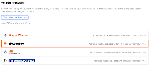 Klimat weather provider selection screen showing multiple data source options